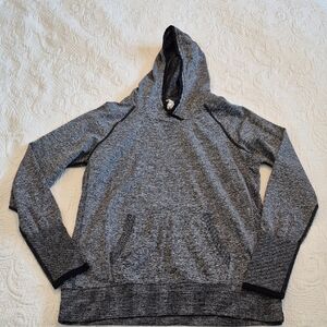 Lucy women's Medium Sweat it Out hooded shirt heather gray, yoga shirt VGUC
